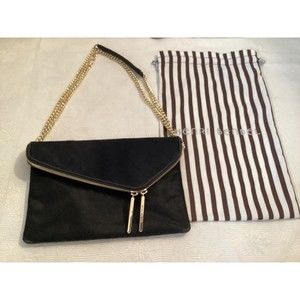 Henry Bendel Black Gold Leather Clutch Handbag 3 Way Dust Bag Evening Bag